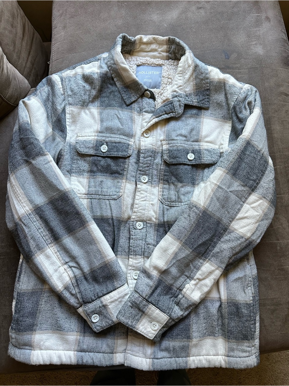 Hollister Men's Gray & White Plaid Sherpa-Lined Shacket Jacket
